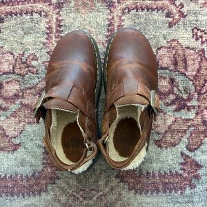 Dr. Marten’s Jorge Clog | Brown Leather Buckle Shoes with Shearling Lining